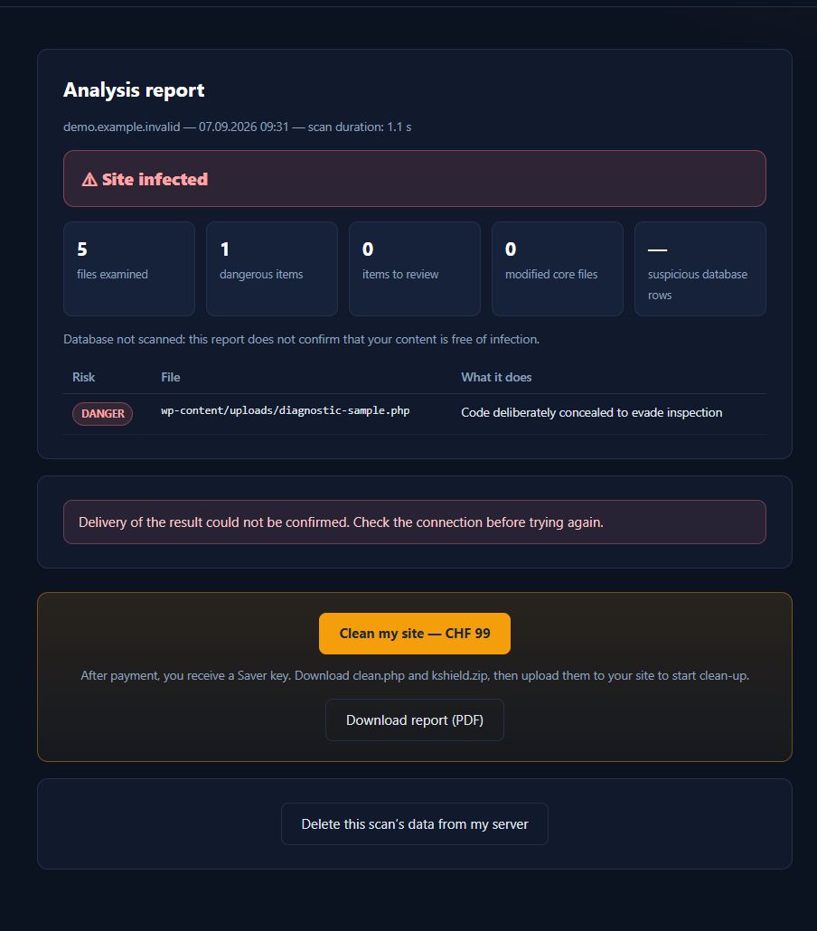 Free — diagnostic du 7 septembre sur un petit site de démonstration avec un échantillon inerte. La base n’est pas configurée et la transmission est désactivée sur ce banc.