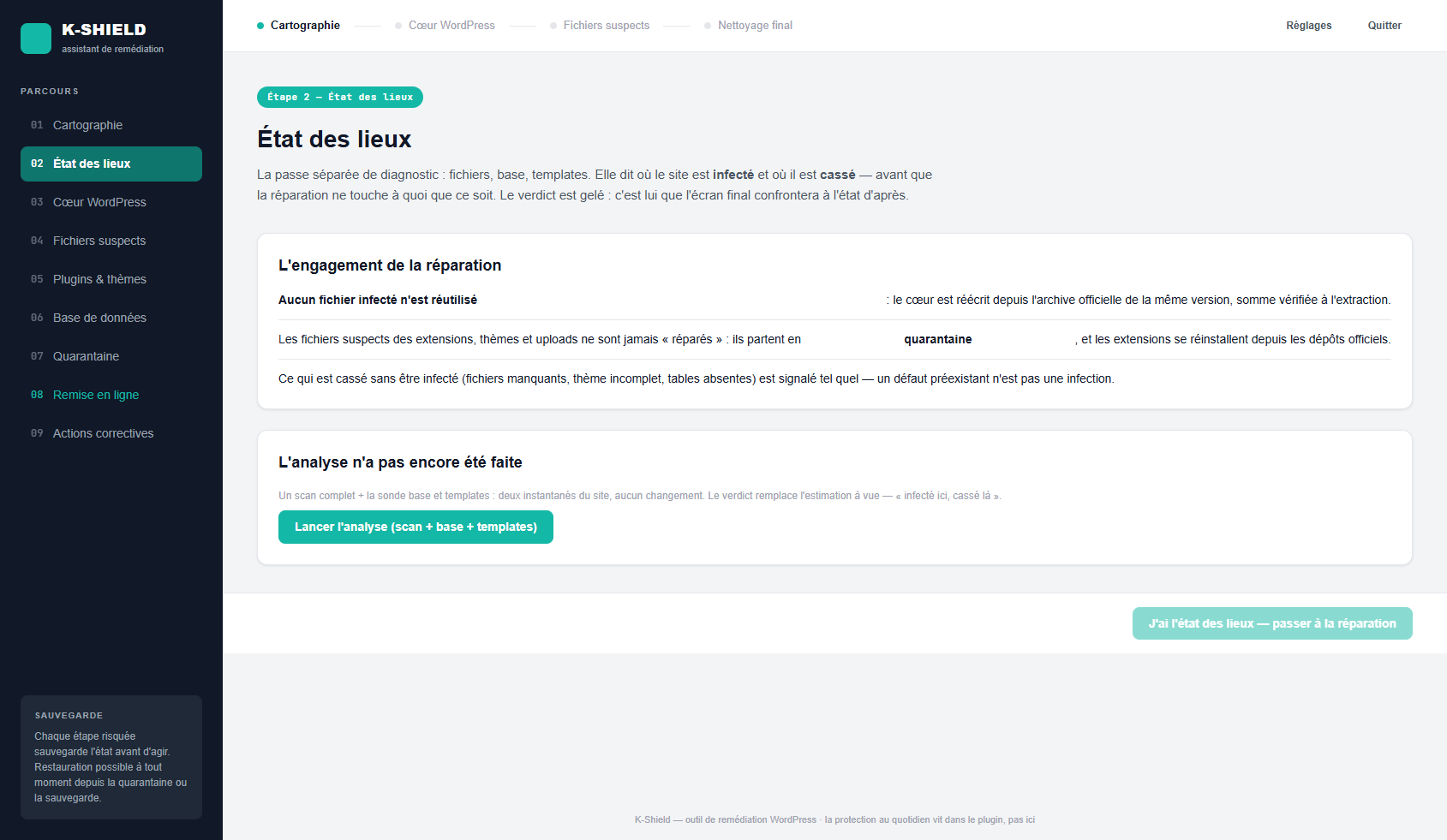 Assistant K-Shield en français, étape État des lieux